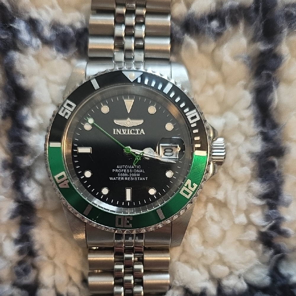Invicta Silver and Green Dive Automatic NH35 Watch with Stainless Steel Bracelet